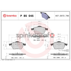 Klocki hamulcowe (przód) BREMBO P 85 045 | AUDI,SEAT,SKODA,VW (1J0698151K,1J0698151L,1J0698151M,3A0615116A,3A0615116B)