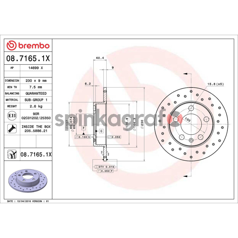 Tarcza hamulcowa ( przód ) BREMBO 08.7165.1X | AUDI,SEAT,SKODA,VW (1J0615601,1J0615601C,1J0615601N,1J0615601P,1J0615601Q)