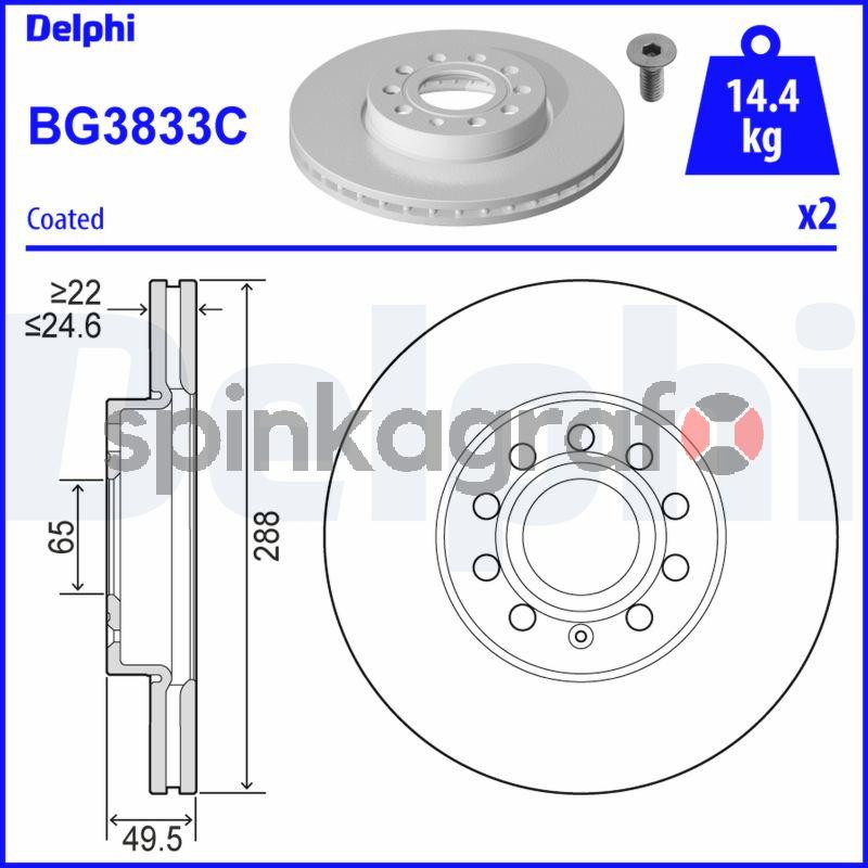 Tarcza hamulcowa ( przód ) DELPHI BG3833C | AUDI,SEAT,SKODA,TOYOTA,VW (1J0615301,1J0615301C,1J0615301K,1J0615301S,1K0615301K)