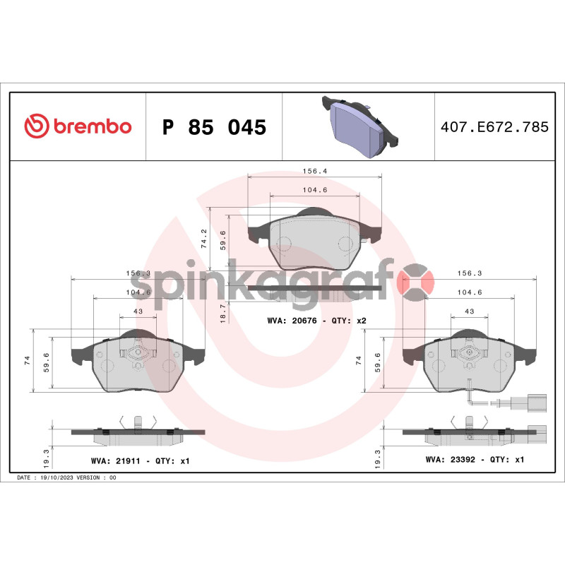 Klocki hamulcowe (przód) BREMBO P 85 045 | AUDI,SEAT,SKODA,VW (1J0698151K,1J0698151L,1J0698151M,3A0615116A,3A0615116B)