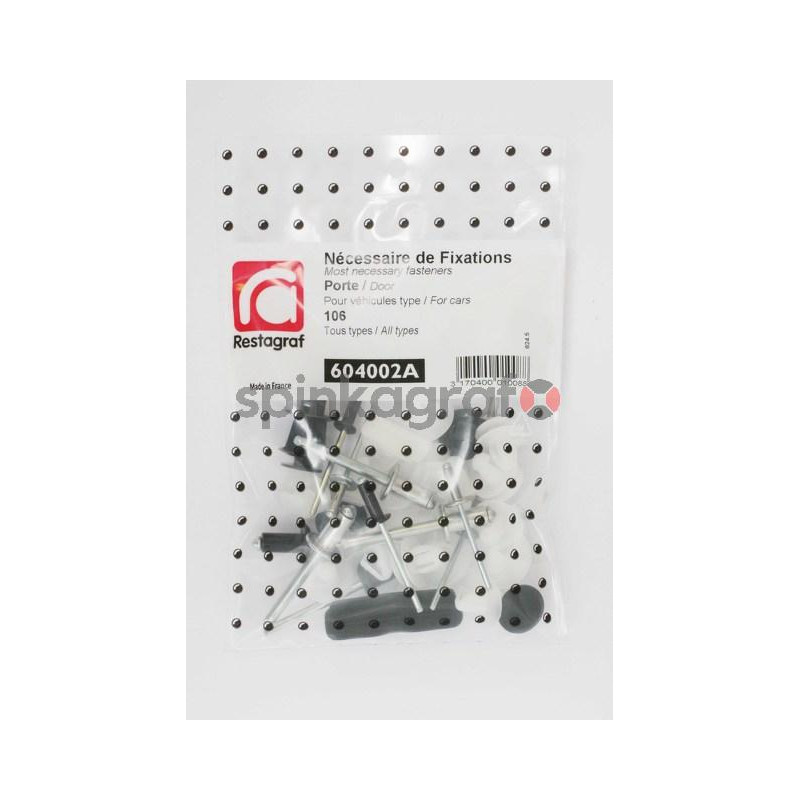 Zestaw spinek drzwi podstawowy RESTAGRAF 604002A | Zestaw mocowania /spinki/ drzwi przednich-tylnych /podstawowy/ PEUGEOT 106 ( Zestaw spinek drzwi podstawowy RESTAGRAF 604002A | Zestaw mocowania /spinki/ drzwi przednich-tylnych /podstawowy/ PEUGEOT 106 (